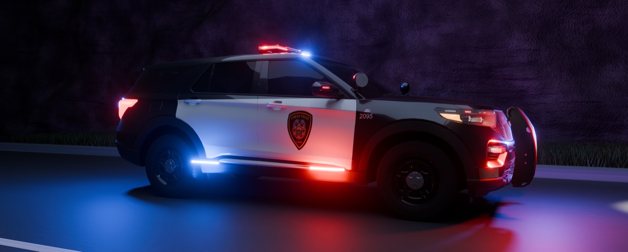 Photoreal Blender render of a police SUV at night